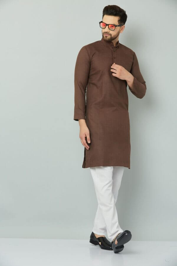 Brown kurta set with intricate embroidery.