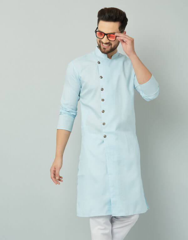 Blue cotton Indian kurta with buttoned collar.