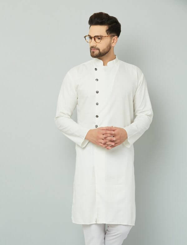 White cotton kurta with black buttons.