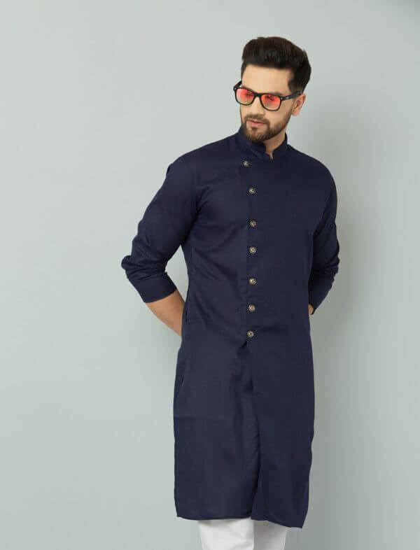 Traditional Indian men's navy blue kurta with intricate embroidery.