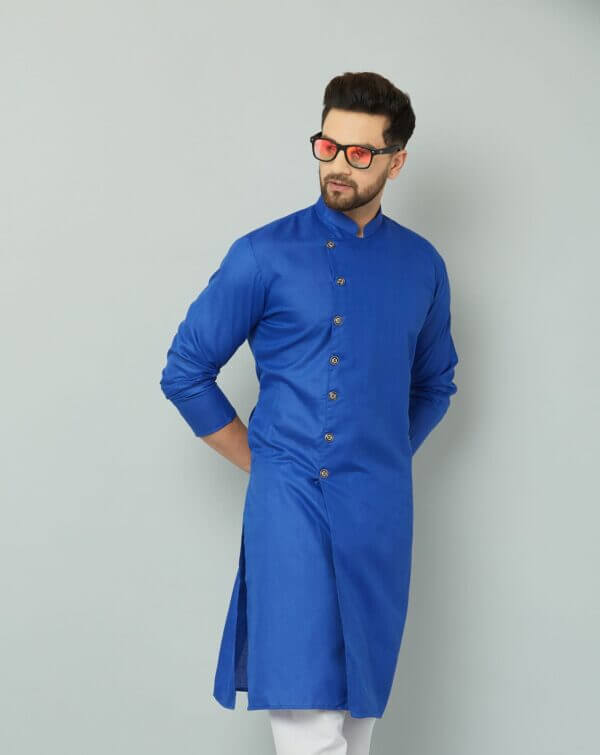 Blue cotton kurta paired with white pants.