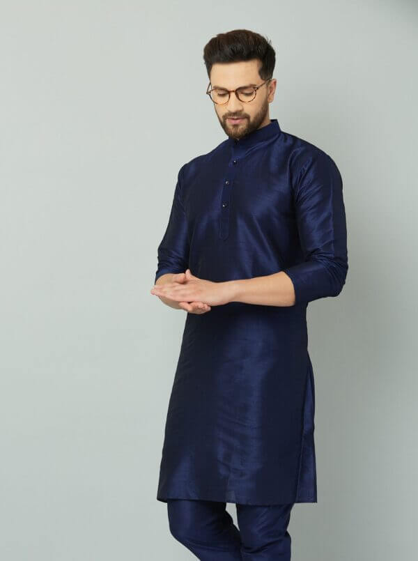 Stylish navy silk kurta with intricate embroidery.