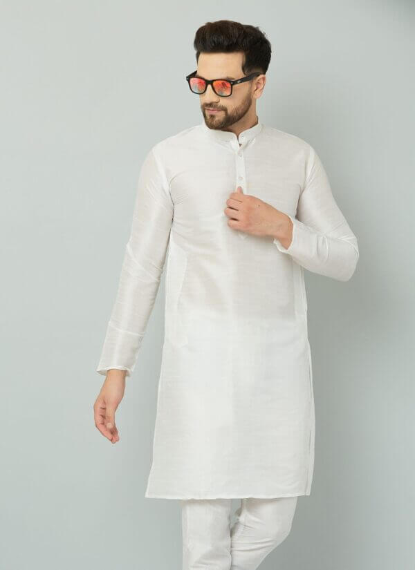 White silk kurta with exquisite detailing.