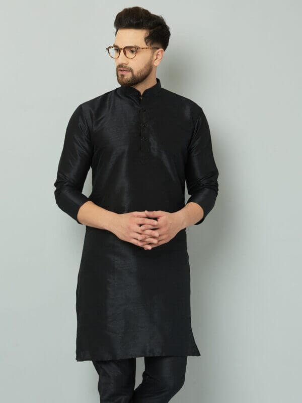 Black silk kurta with elegant design.